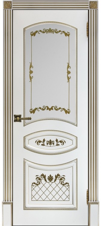Межкомнатная дверь белая эмаль Алина 2 патина золото стекло